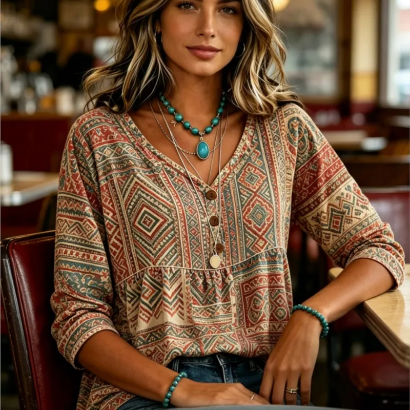 Ethnic Geometric Diamond Print Tunic Women V Neck Wooden Button 3/4 Sleeve Flow Hem Retro Western Cafe Apparel
Ethnic Geometric Diamond Print Tunic Women V Neck Wooden Button 3/4 Sleeve Flow Hem Retro Western Cafe Apparel