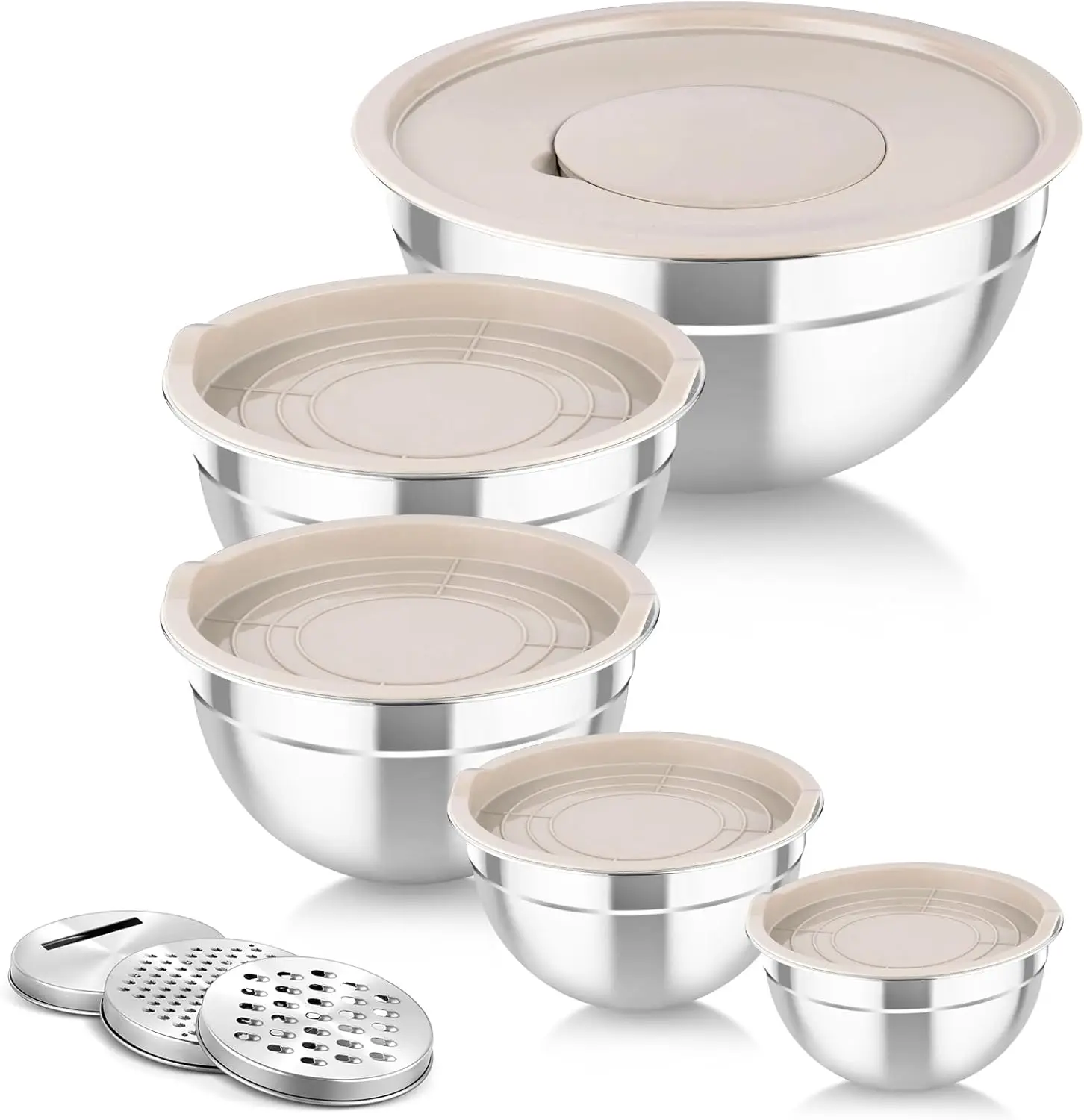 5-Piece Stainless Steel Mixing Bowls with Airtight Lids & 3 Graters, for Cooking, Prepping, Serving - 0.7 to 4.6QT
5-Piece Stainless Steel Mixing Bowls with Airtight Lids & 3 Graters, for Cooking, Prepping, Serving - 0.7 to 4.6QT