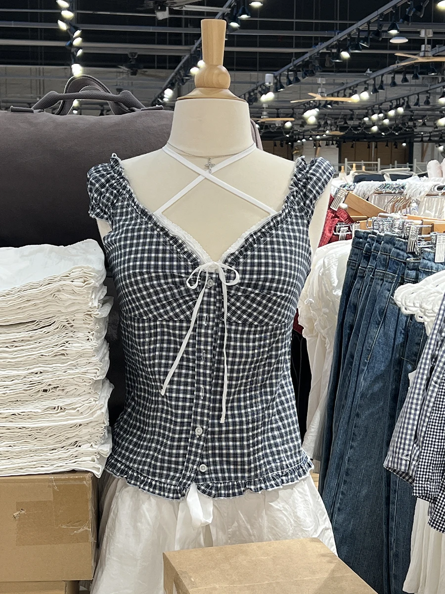 Black Plaid Slim T-shirt Blouse Women Single Breasted Folds Ruffles Puff Sleeve Tee Shirt Summer Sweet Fashion Casual Shirts Y2k
Black Plaid Slim T-shirt Blouse Women Single Breasted Folds Ruffles Puff Sleeve Tee Shirt Summer Sweet Fashion Casual Shirts Y2k