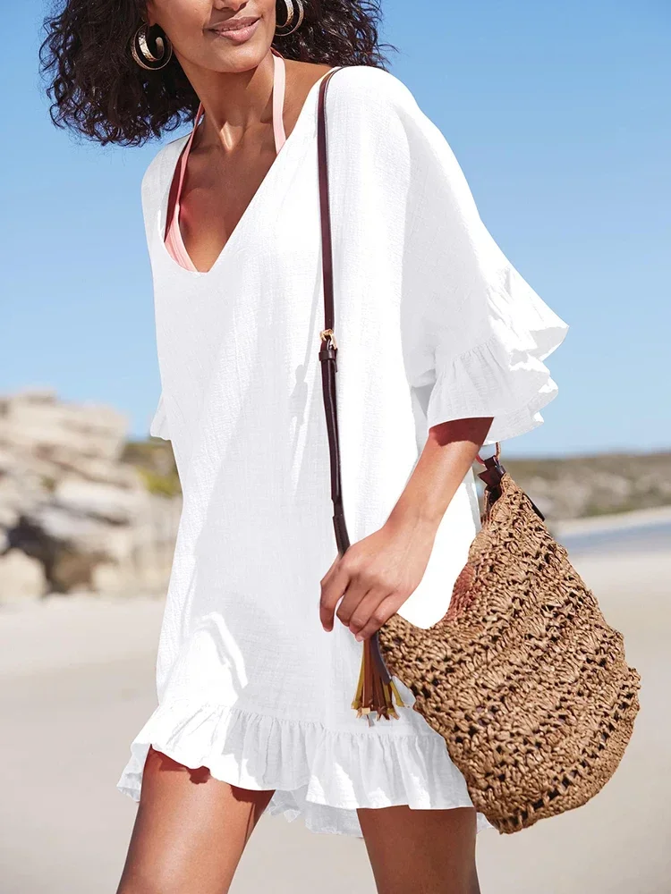 2025 New V-Neck Bikini Cover-Ups Women See Through Beach Cover Up Half Sleeve Ruffle Summer 2025 Fashion Female Dress Beachwear
2025 New V-Neck Bikini Cover-Ups Women See Through Beach Cover Up Half Sleeve Ruffle Summer 2025 Fashion Female Dress Beachwear