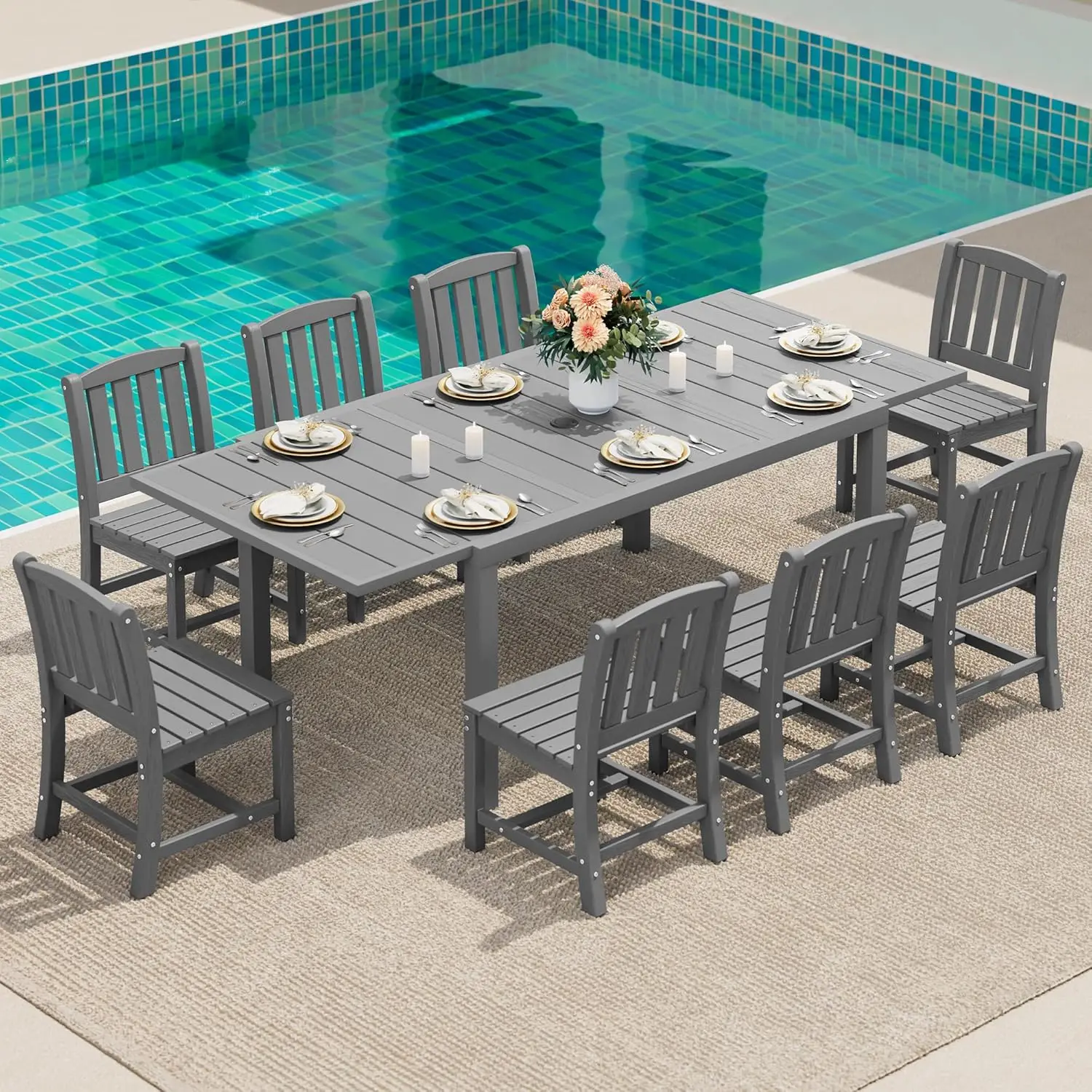 9-Piece Outdoor Dining Set, 60" - 83" Expandable Outdoor Dining Table and 8 HDPE Chairs, All Weather HDPE Outdoor, Customized
9-Piece Outdoor Dining Set, 60" - 83" Expandable Outdoor Dining Table and 8 HDPE Chairs, All Weather HDPE Outdoor, Customized