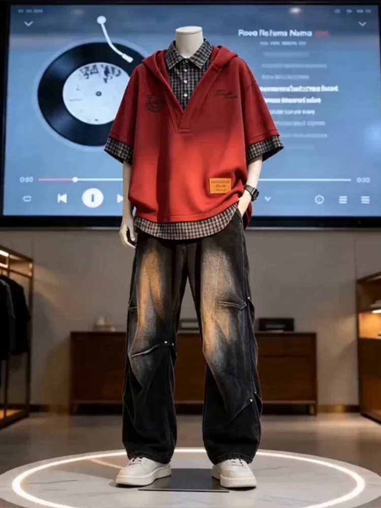 Men's Summer Casual Red Hoodie Fake Two-Piece Short Sleeve with Jeans Sporty Look Fashion Set Teenagers' Favorite Style
Men's Summer Casual Red Hoodie Fake Two-Piece Short Sleeve with Jeans Sporty Look Fashion Set Teenagers' Favorite Style