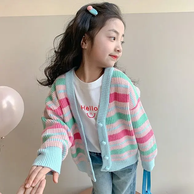 Striped Cardigan Girls Sweater Jacket Spring Spring Autumn Casual Jacket Tops Children Outerwear New High Quality B11
Striped Cardigan Girls Sweater Jacket Spring Spring Autumn Casual Jacket Tops Children Outerwear New High Quality B11