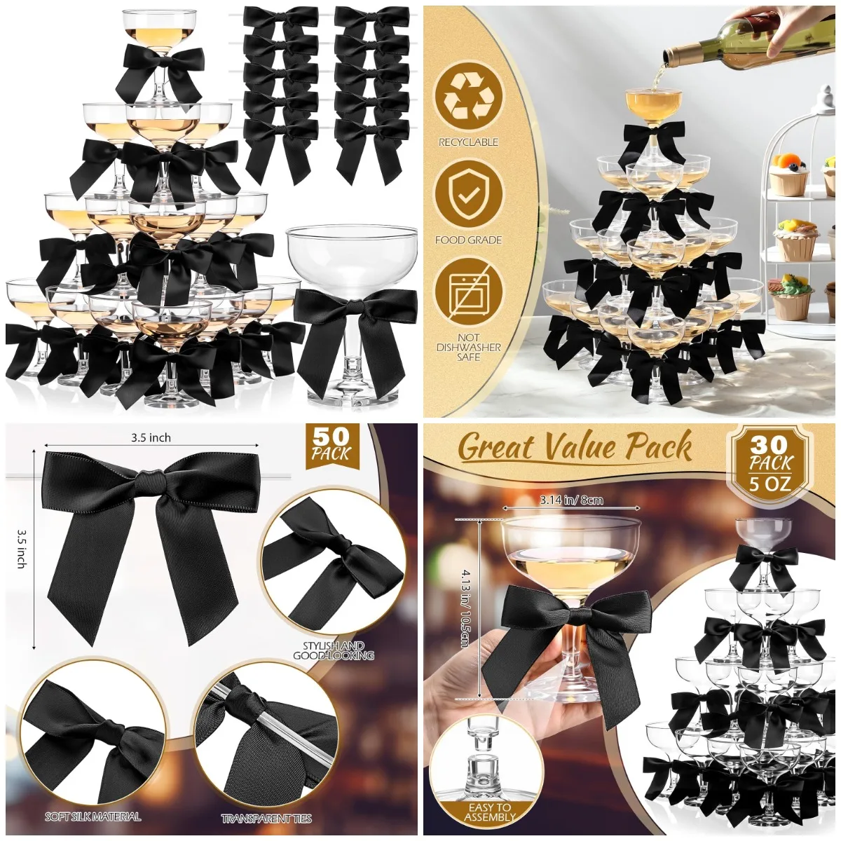30-Pack Champagne Coupe Glasses 5 oz with Black Satin Ribbon - Plastic Martini Glasses for Wedding, Birthday, Bachelorette Party
30-Pack Champagne Coupe Glasses 5 oz with Black Satin Ribbon - Plastic Martini Glasses for Wedding, Birthday, Bachelorette Party