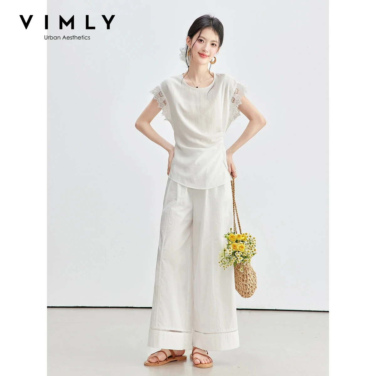 VIMLY Women's White Two-piece Set Summer 2026 New Elegant Lace Short Sleeve Tops Wide Leg Pants Suit Commute Outfit 31208
VIMLY Women's White Two-piece Set Summer 2026 New Elegant Lace Short Sleeve Tops Wide Leg Pants Suit Commute Outfit 31208