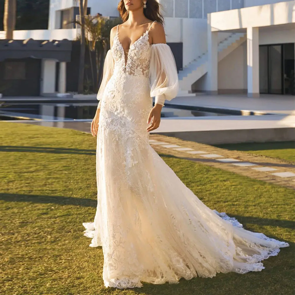 Customized Stunning Lace Mermaid Wedding Dress Sleeve Asymmetrical Train Bridal Gown Spaghetti Strap Summer vestidos de novia
Customized Stunning Lace Mermaid Wedding Dress Sleeve Asymmetrical Train Bridal Gown Spaghetti Strap Summer vestidos de novia