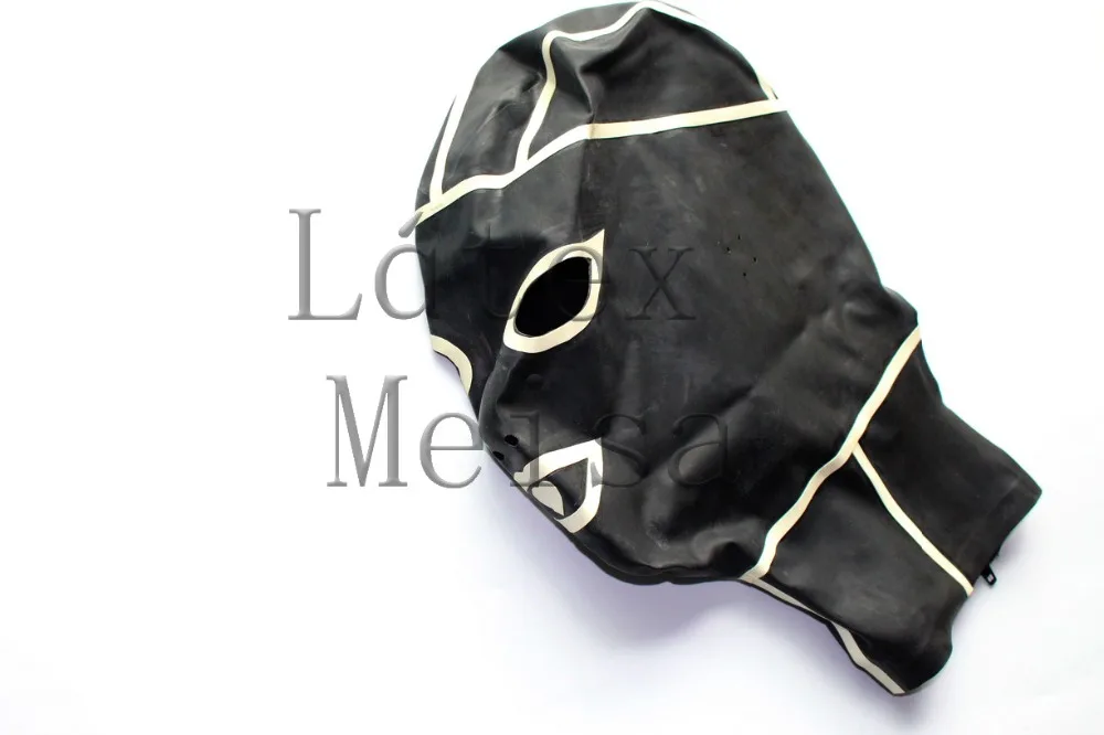 Novelty latex catsuit hoods open eyes nostrils black patchwork white colors with back zip for adults
Novelty latex catsuit hoods open eyes nostrils black patchwork white colors with back zip for adults
