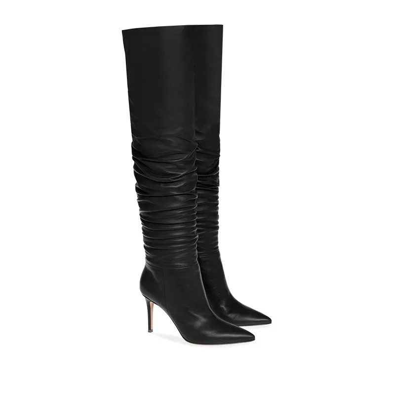 Leather Pleated Knee High Boots Black Stiletto Heel Women Botas Long Tube Ladies Shoes Pointed Toe Sapatos Feminino Big Size 46
Leather Pleated Knee High Boots Black Stiletto Heel Women Botas Long Tube Ladies Shoes Pointed Toe Sapatos Feminino Big Size 46