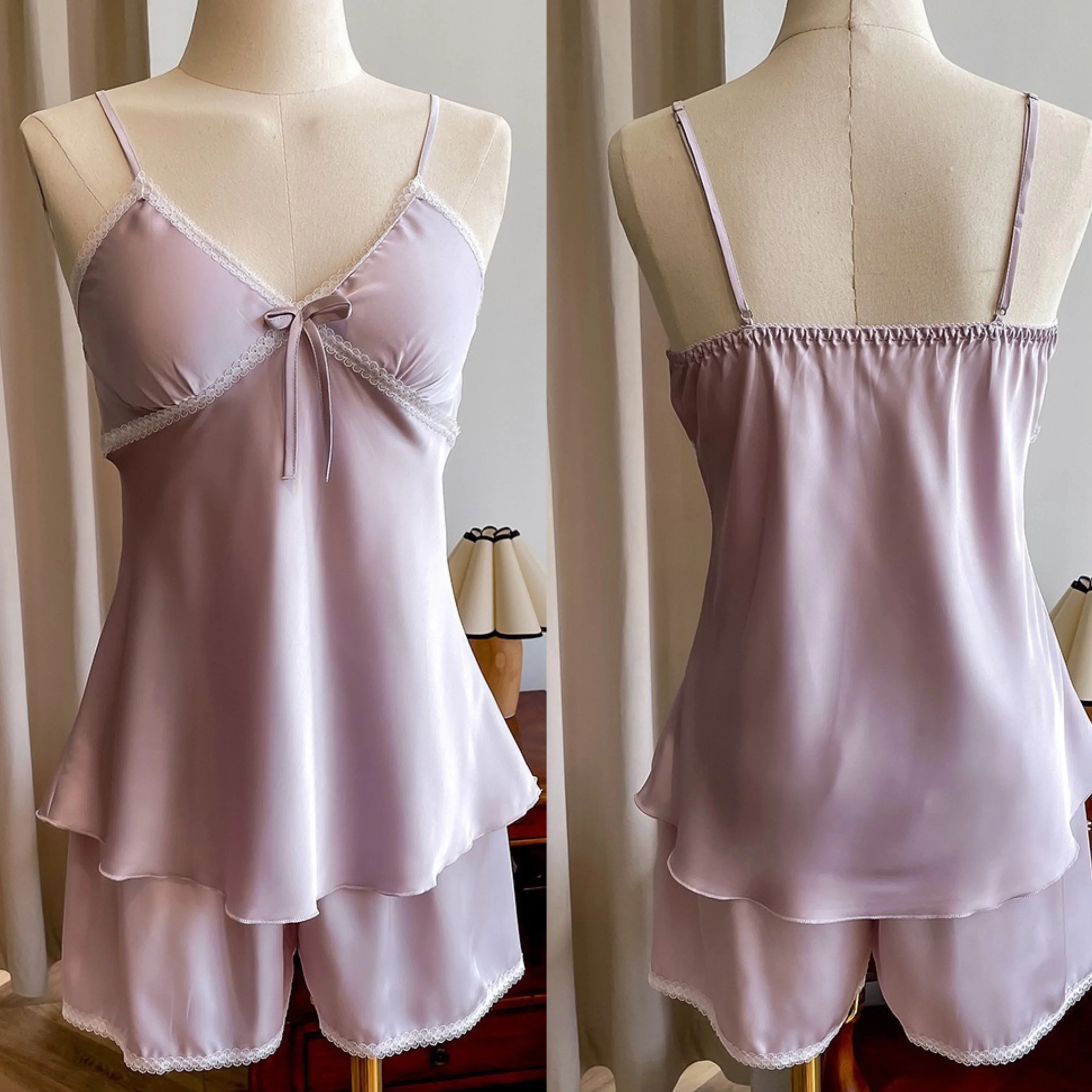 Sexy 2Pcs Cami Top Shorts Women Satin Pajamas Suit Sexy Lace Trim Sleepwear Summer New Home Clothes Nightgown Lingerie
Sexy 2Pcs Cami Top Shorts Women Satin Pajamas Suit Sexy Lace Trim Sleepwear Summer New Home Clothes Nightgown Lingerie