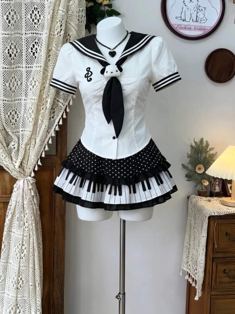 Cute Kawaii Korean Fashion Black White Polka Dot Piano Keys Sailor Collar 2Pcs Set Women Ruffle Bow Blouse Mini Skirt Daily Wear
Cute Kawaii Korean Fashion Black White Polka Dot Piano Keys Sailor Collar 2Pcs Set Women Ruffle Bow Blouse Mini Skirt Daily Wear