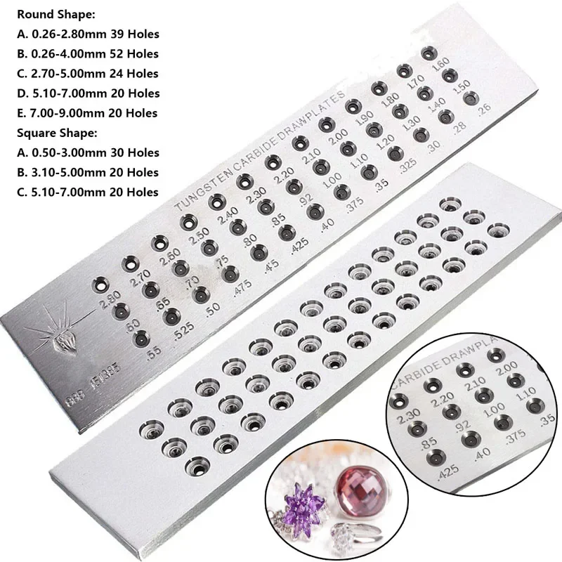 Holes Tungsten Carbide Wire Drawplate for Jewelry Making Round Shape 0.26-9mm 20-52 Holes/Square Shape 0.5-7mm 20-30 Holes/Half
Holes Tungsten Carbide Wire Drawplate for Jewelry Making Round Shape 0.26-9mm 20-52 Holes/Square Shape 0.5-7mm 20-30 Holes/Half