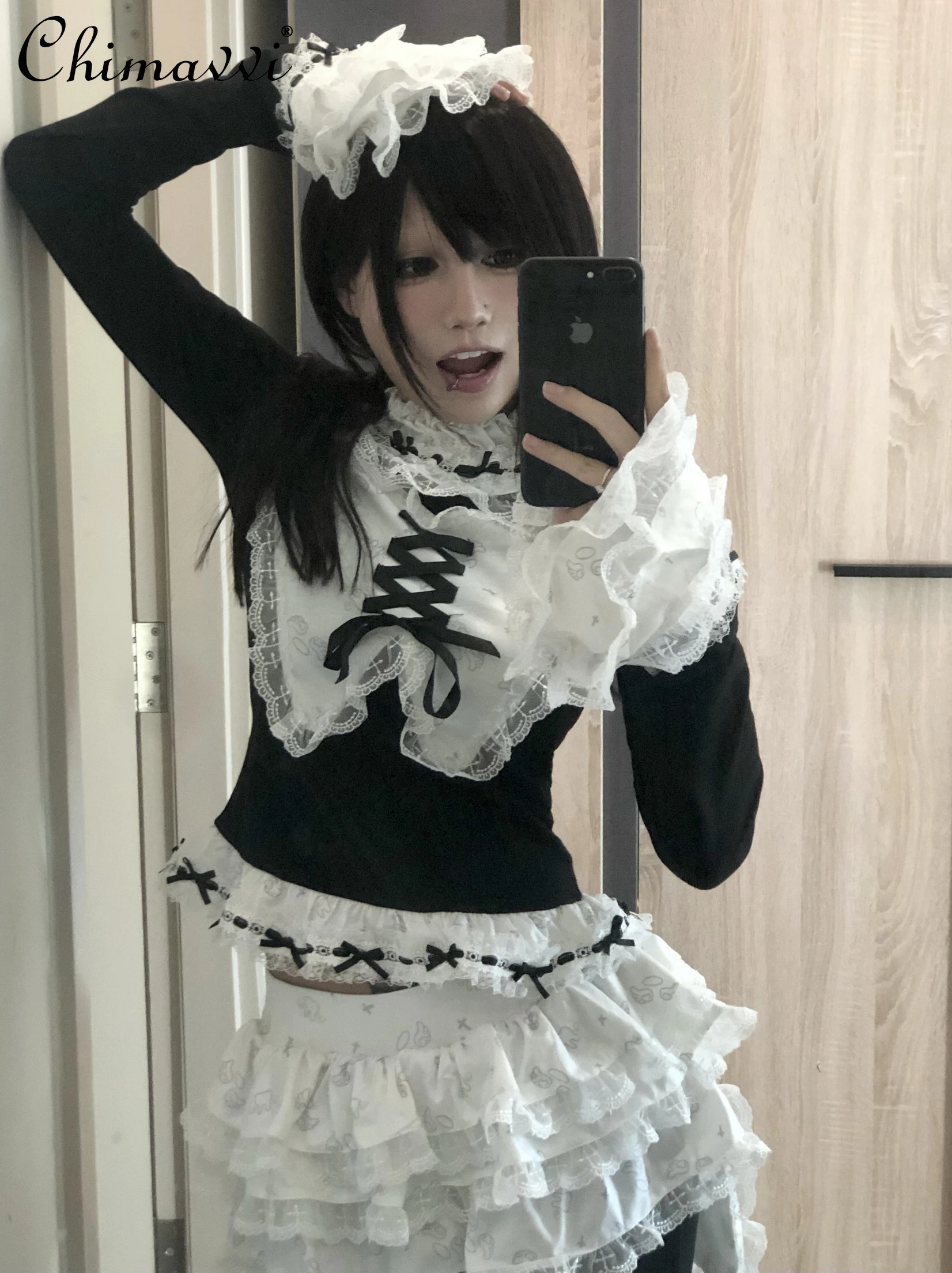 Original Goth Subculture Strap Lace Black and White Ji Sleeve Waist Tight Top T-shirt Cute Rabbit Ear Culottes Women's Pants Set
Original Goth Subculture Strap Lace Black and White Ji Sleeve Waist Tight Top T-shirt Cute Rabbit Ear Culottes Women's Pants Set