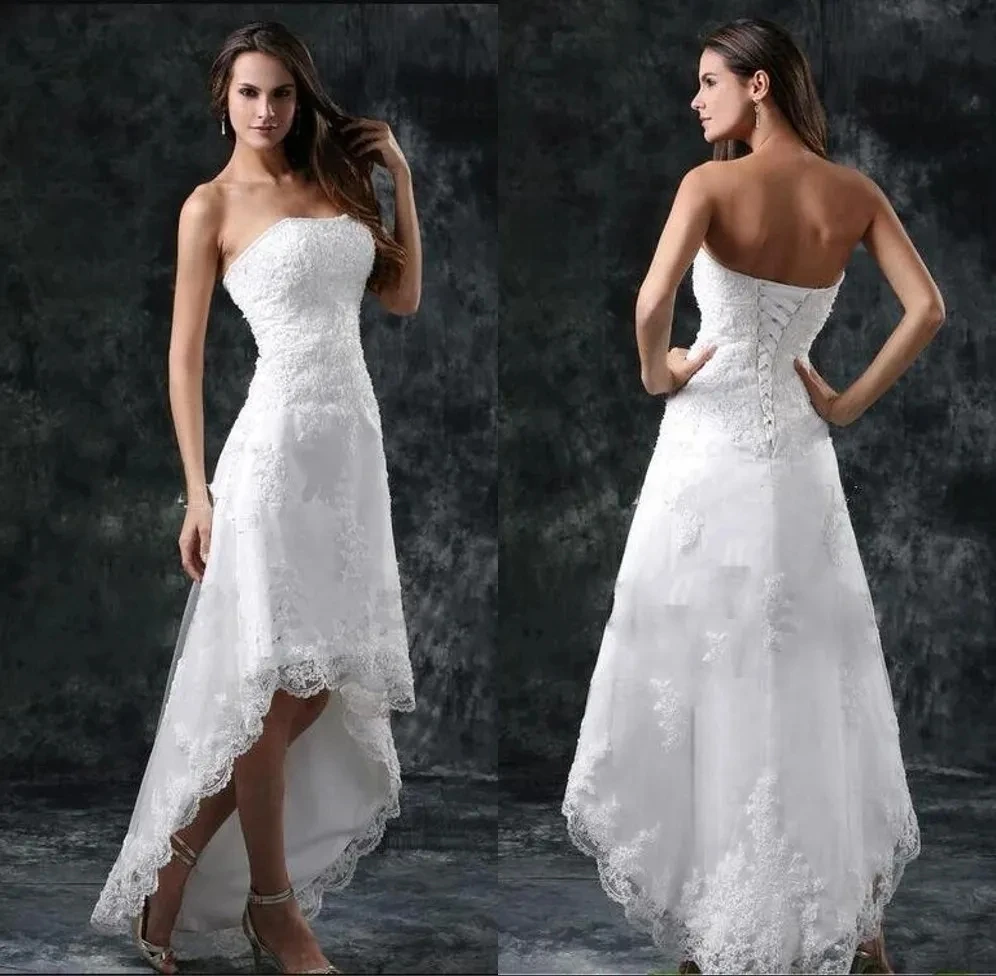 2023 Wedding Dresses Sexy Strapless Appliques High Low Ivory Lace Up Back Summer Beach Short Bridal Gowns Vestidos De Novia
2023 Wedding Dresses Sexy Strapless Appliques High Low Ivory Lace Up Back Summer Beach Short Bridal Gowns Vestidos De Novia
