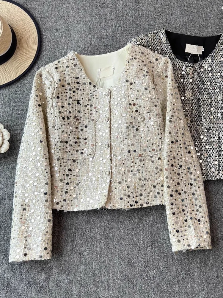 Small Fragrance Short Coat Sequined Pockets O Neck Long Sleeve Solid Color Jackets 2025 All Match Fashion Elegant Women Clothing
Small Fragrance Short Coat Sequined Pockets O Neck Long Sleeve Solid Color Jackets 2025 All Match Fashion Elegant Women Clothing