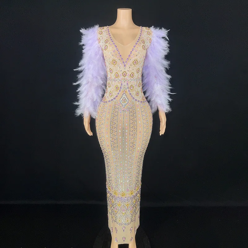 Costume Purple Feather Apricot Dark V Diamond Mopping Floor Long Sleeve Split Dress Elegant And Noble Evening Abendkleider Luxus
Costume Purple Feather Apricot Dark V Diamond Mopping Floor Long Sleeve Split Dress Elegant And Noble Evening Abendkleider Luxus