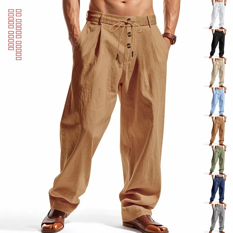 Мужские повседневные брюки из хлопка и льна свободного кроя, весна-лето, новые, дышащие, с высокой талией, прямые штанины, цвет хаки
Мужские повседневные брюки из хлопка и льна свободного кроя, весна-лето, новые, дышащие, с высокой талией, прямые штанины, цвет хаки