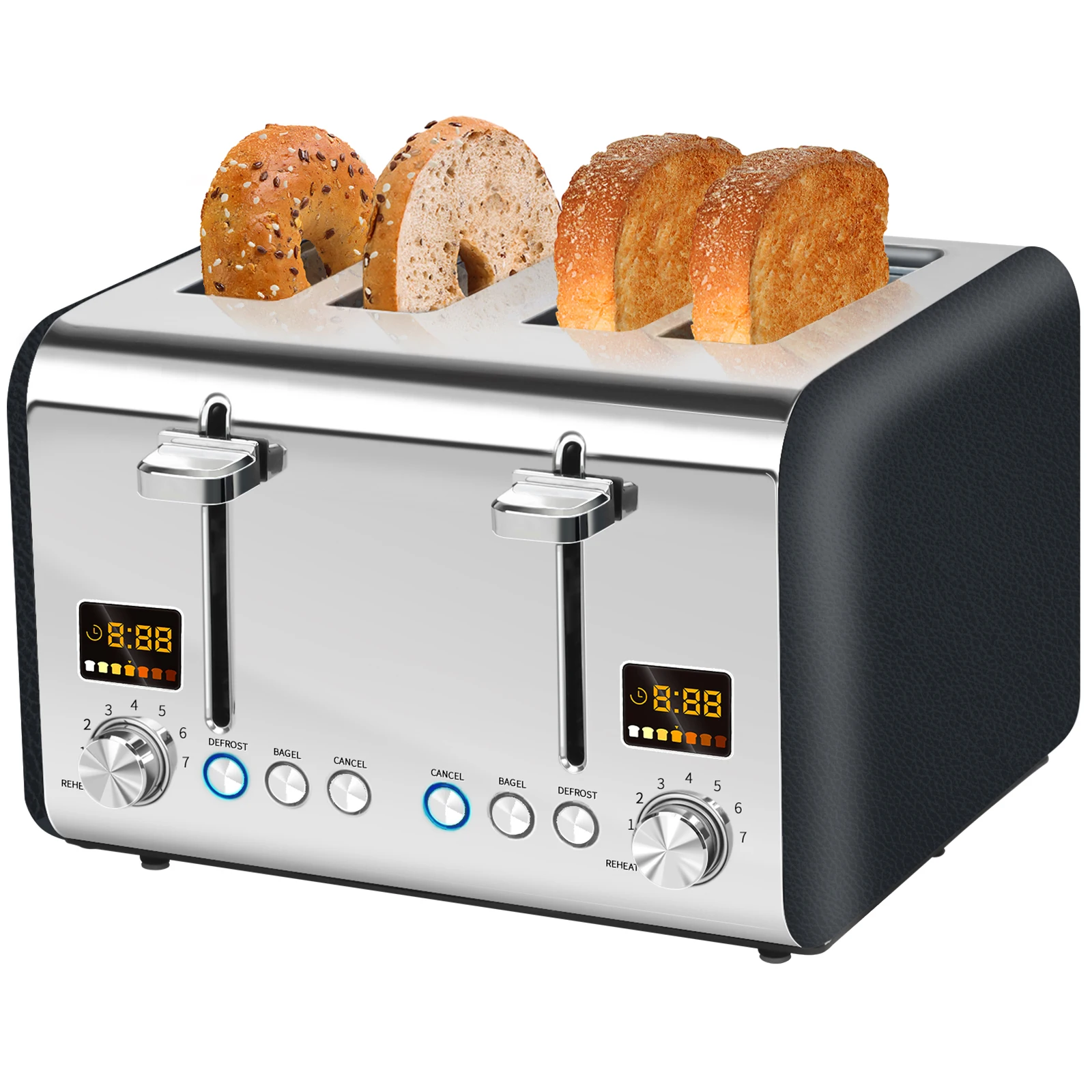 4 Slice Toaster,Stainless,Smart Control,7 Bread Shade Settings,1.5'' Wide Slots,4-in-1 Functions,Removable Crumb Tray,1800W
4 Slice Toaster,Stainless,Smart Control,7 Bread Shade Settings,1.5'' Wide Slots,4-in-1 Functions,Removable Crumb Tray,1800W