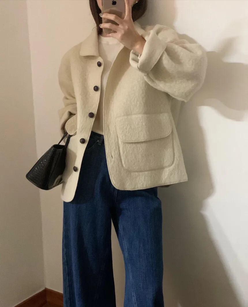 Korean style Autumn and winter temperament lapel solid color pocket woolen coat high-end versatile long-sleeved coat women
Korean style Autumn and winter temperament lapel solid color pocket woolen coat high-end versatile long-sleeved coat women