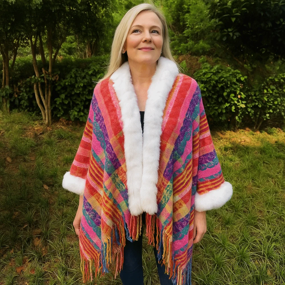 Winter Warm Faux Fur Collar Shawl Striped Ethnic Style Mongolian Poncho Imitation Cashmere Knitted Cape For Autumn Winter
Winter Warm Faux Fur Collar Shawl Striped Ethnic Style Mongolian Poncho Imitation Cashmere Knitted Cape For Autumn Winter
