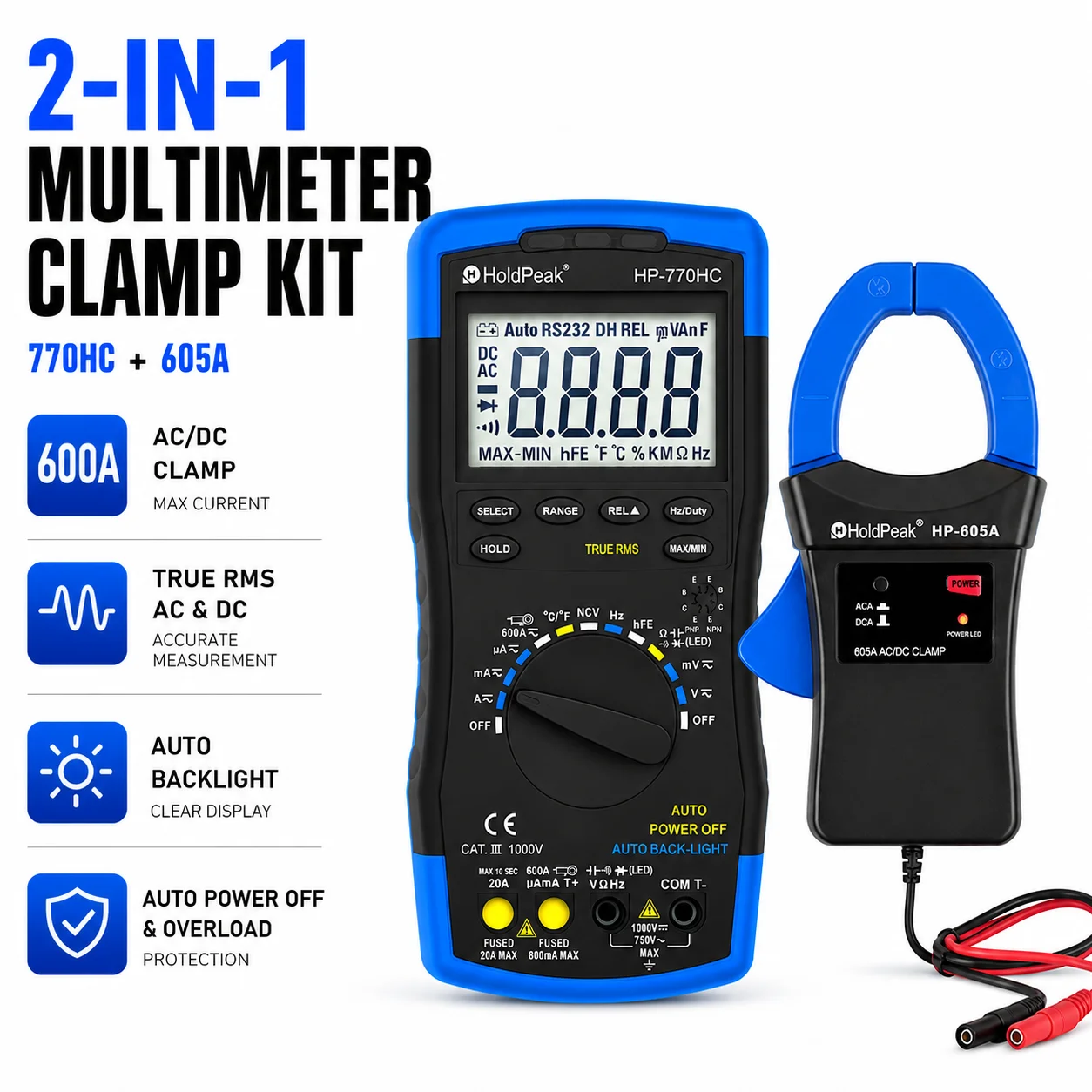HoldPeak HP-770HC True RMS Multimeter 6000 Counts Auto Range NCV 600A AC DC Current Tester with HP-605A
HoldPeak HP-770HC True RMS Multimeter 6000 Counts Auto Range NCV 600A AC DC Current Tester with HP-605A