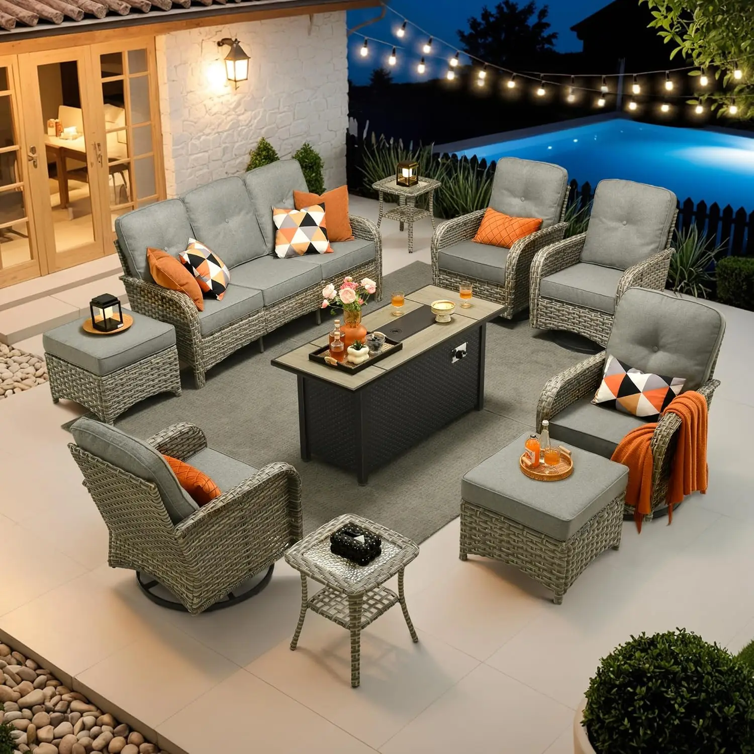 10pcs High Back Wicker Conversation Set with Fire Pit Table All Weather Sofa Swivel Chairs Ottomans Charcoal, Customized
10pcs High Back Wicker Conversation Set with Fire Pit Table All Weather Sofa Swivel Chairs Ottomans Charcoal, Customized
