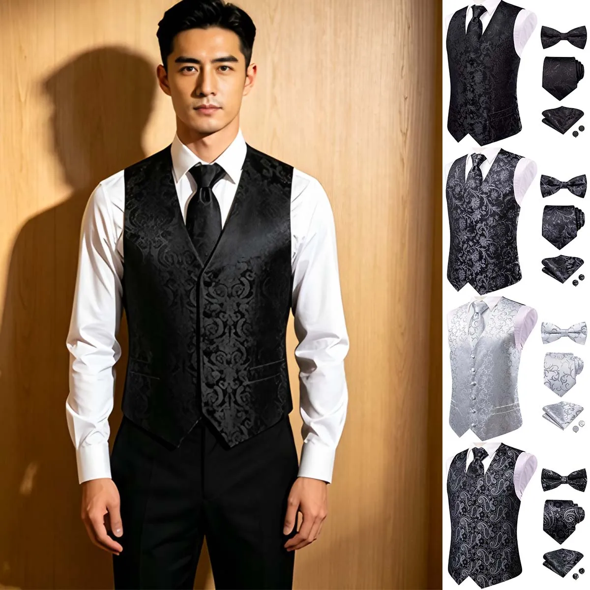 Classic Black Grey Printed V-Neck Waistcoat Complete 5 In 1 Men Formal Dress Accessories Set
Classic Black Grey Printed V-Neck Waistcoat Complete 5 In 1 Men Formal Dress Accessories Set