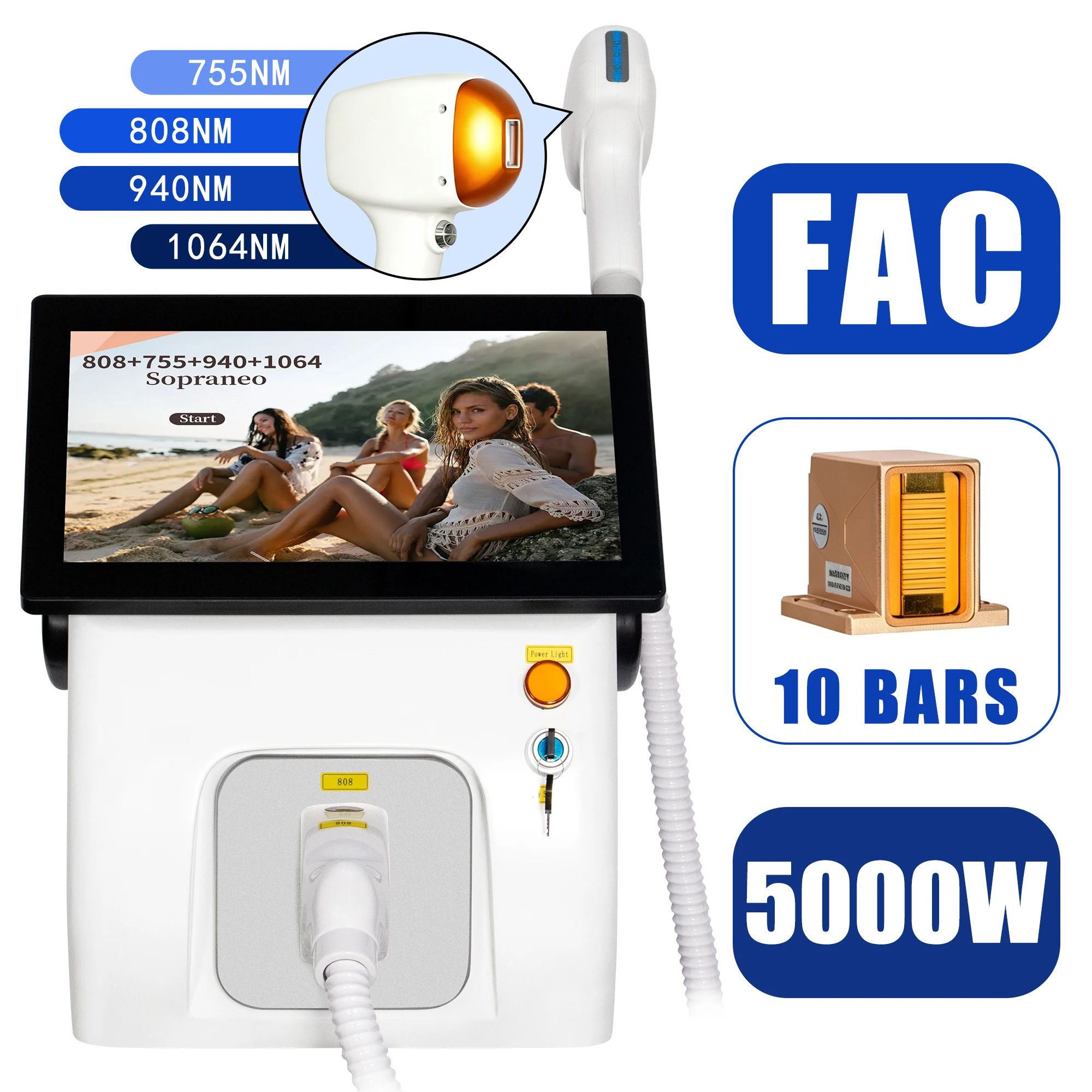 5000W Professional FAC 4 Wave 808 Diode Laser Permanent Painless Hair Removal Picosecond Laser Tattoo Removal Machine
5000W Professional FAC 4 Wave 808 Diode Laser Permanent Painless Hair Removal Picosecond Laser Tattoo Removal Machine