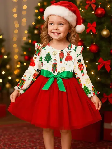 New Arrival Girl Dresses Christmas Pattern Bow long-sleeved Red Mesh Princess Party Dresses 1-8 Years Elegant Dress For Girl