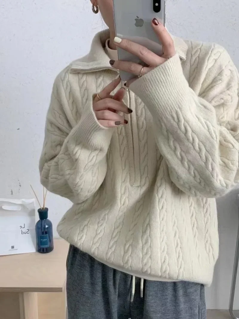 Women Vintage Solid Color Cable Sweaters Zipper Turn-Down Collar Knit Pullovers Autumn Winter New Loose Casual Pullover Sweaters
Women Vintage Solid Color Cable Sweaters Zipper Turn-Down Collar Knit Pullovers Autumn Winter New Loose Casual Pullover Sweaters