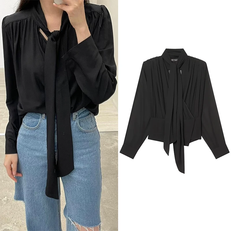 Женская рубашка 2026, новая модная весенняя черная элегантная драпированная шифоновая блузка с длинными рукавами, индивидуальный шикарный женский топ
Женская рубашка 2026, новая модная весенняя черная элегантная драпированная шифоновая блузка с длинными рукавами, индивидуальный шикарный женский топ