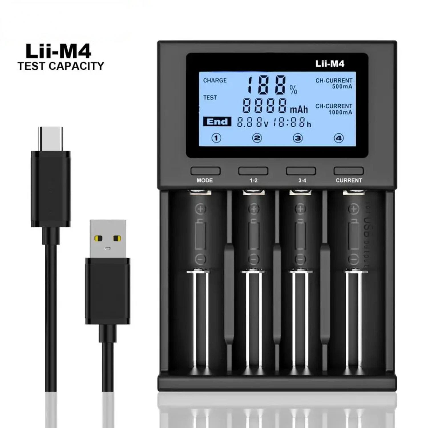 Lii-M4 LCD Display Smart Charger Test capacity for 3.7V 1.2V 18650 26650 21700 18500 20650 AA AAA
Lii-M4 LCD Display Smart Charger Test capacity for 3.7V 1.2V 18650 26650 21700 18500 20650 AA AAA