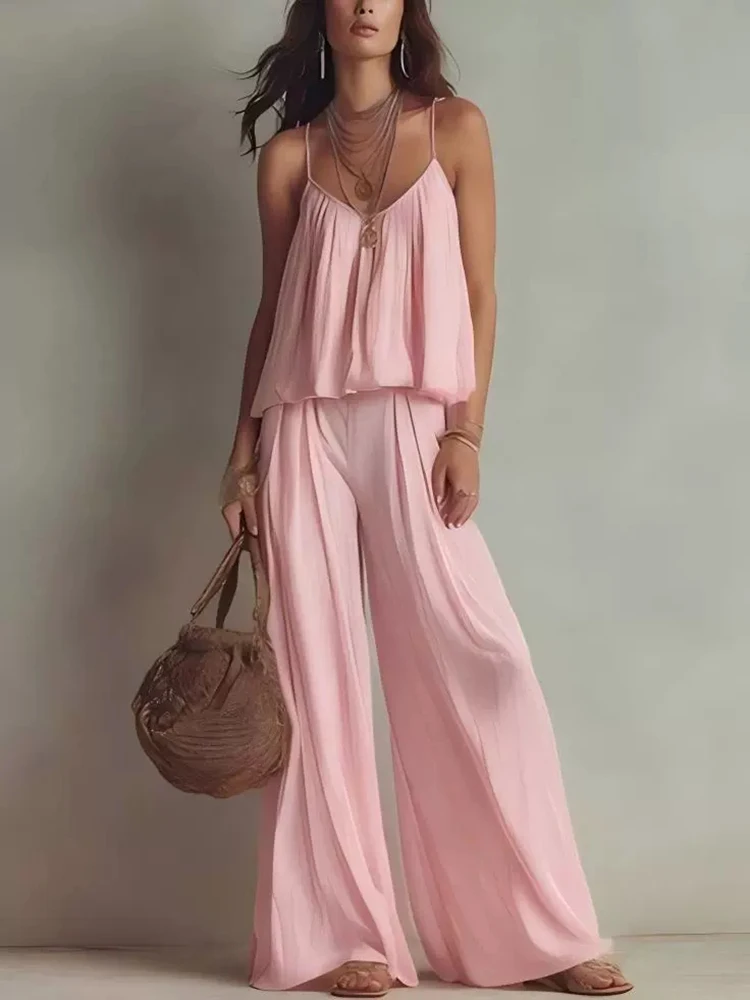 New Women's V-neck Camisole Top with Wide Leg Pants Outfit Simple Solid Color Sleeveless Summer Suit Casual Pleated Beach Sets
New Women's V-neck Camisole Top with Wide Leg Pants Outfit Simple Solid Color Sleeveless Summer Suit Casual Pleated Beach Sets