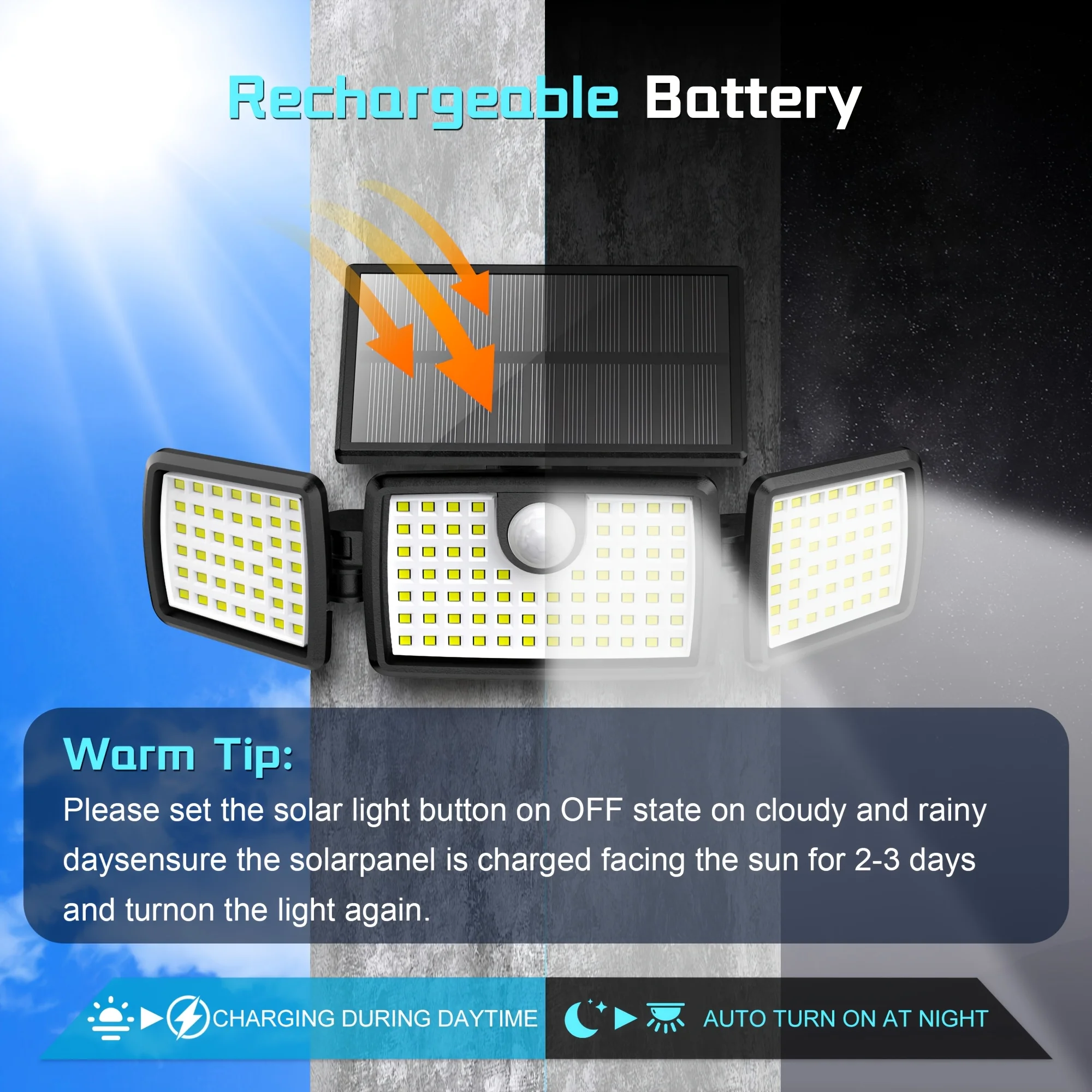 Set of 3 solar-powered motion-sensor lights with three adjustable heads and high brightness. Each head rotates 270° with
Set of 3 solar-powered motion-sensor lights with three adjustable heads and high brightness. Each head rotates 270° with