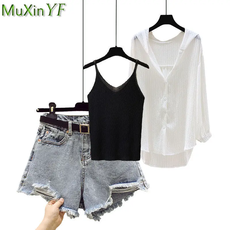 Lady Streetwear Clothing 2022 Summer Women Student Casual Joker Hooded Shirt Sling Vest Denim Shorts 3 Piece Set Jeans Outfits
Lady Streetwear Clothing 2022 Summer Women Student Casual Joker Hooded Shirt Sling Vest Denim Shorts 3 Piece Set Jeans Outfits