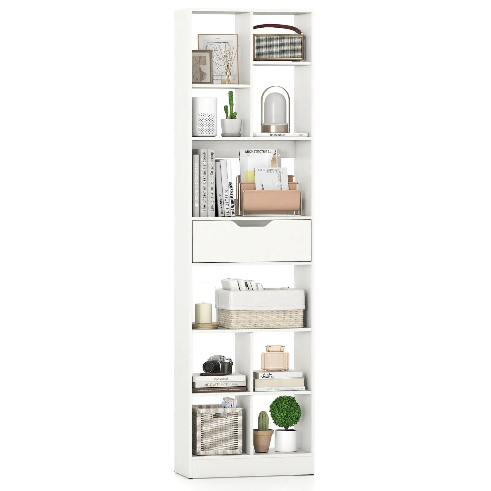 71"Bookcase w/Drawer, 10 Open Cubes, Anti-toppling Kits for Study, Home Office
71"Bookcase w/Drawer, 10 Open Cubes, Anti-toppling Kits for Study, Home Office