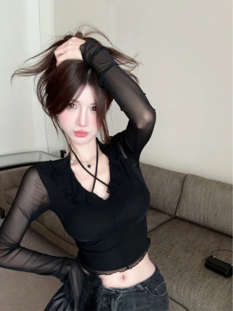 Vintage Ruffles Mesh V-neck Black T-shirt for Women 2025 Summer New Slim Fit Tops Mujer Y2k Slim Fit Long Sleeve Tee Shirt
Vintage Ruffles Mesh V-neck Black T-shirt for Women 2025 Summer New Slim Fit Tops Mujer Y2k Slim Fit Long Sleeve Tee Shirt
