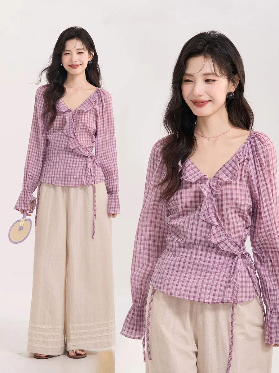 Heme Purple Plaid irt Women's V-ne Floral Lace Trim Loose Fit Polyester Fiber Breathable Spring Long Sve Casual irt
Heme Purple Plaid irt Women's V-ne Floral Lace Trim Loose Fit Polyester Fiber Breathable Spring Long Sve Casual irt