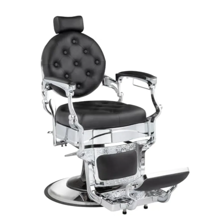 Vintage barber chair for salon and tattoo studios, heavy-duty steel frame with black leather upholstery, hydraulic recline and
Vintage barber chair for salon and tattoo studios, heavy-duty steel frame with black leather upholstery, hydraulic recline and
