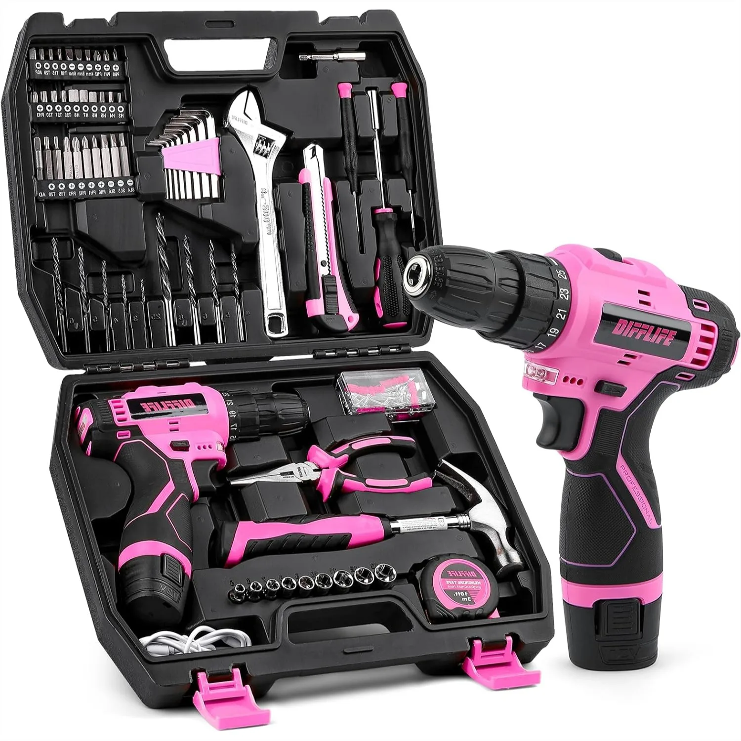 147 Piece Pink Power Drill Drivers Tool Set with 12V Cordless Drill, Household Home Tools Kit for Women
147 Piece Pink Power Drill Drivers Tool Set with 12V Cordless Drill, Household Home Tools Kit for Women