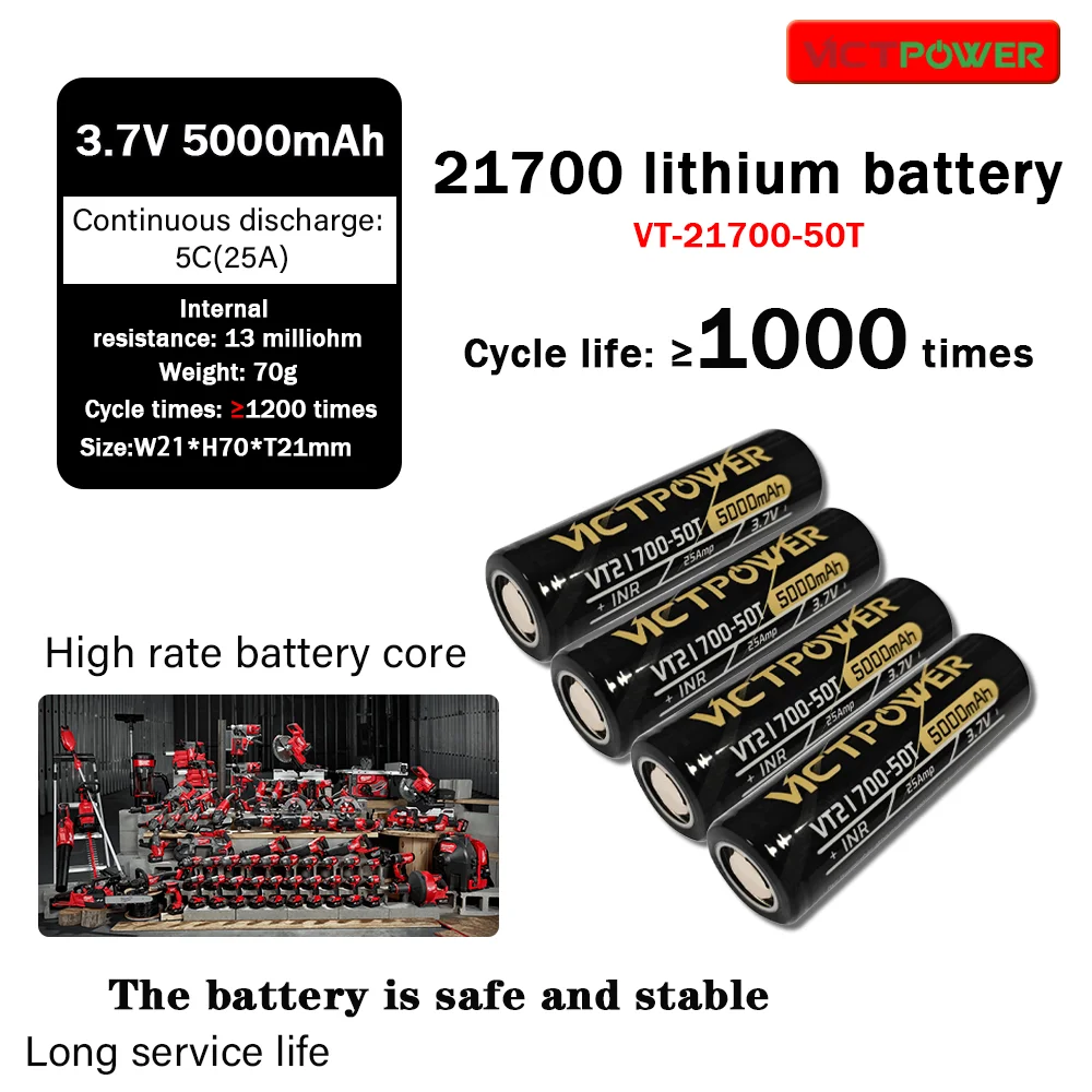 Victpower INR21700 battery 5000mah 5C25A 1200 cycle 3.6V 21700 lithium-ion battery 50T for high-power electric drill.
Victpower INR21700 battery 5000mah 5C25A 1200 cycle 3.6V 21700 lithium-ion battery 50T for high-power electric drill.