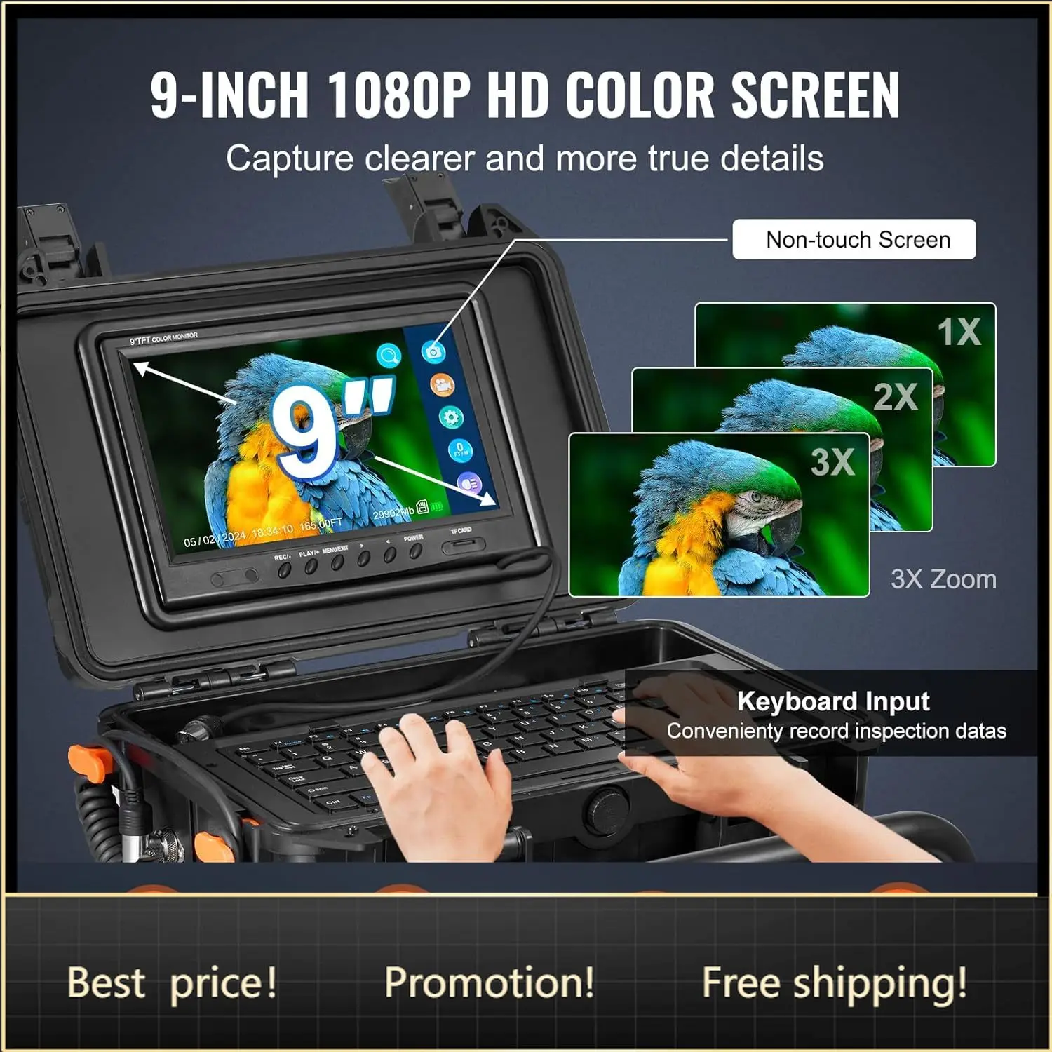 VEVOR Sewer Camera, 165 ft/50m, Self-Leveling Drain Camera with 512Hz Transmitter, Distance Counter, 9" Screen 1080P HD Snake Pl
VEVOR Sewer Camera, 165 ft/50m, Self-Leveling Drain Camera with 512Hz Transmitter, Distance Counter, 9" Screen 1080P HD Snake Pl
