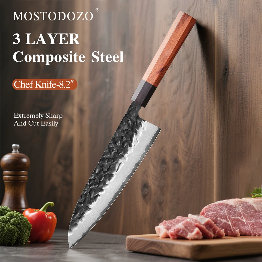 Кухонный нож MOSTODOZO 8.2 дюйма, японский, ручной ковки, из 3-слойной композитной стали, острый, для нарезки и разделки, профессиональный кухонный нож-тесак
Кухонный нож MOSTODOZO 8.2 дюйма, японский, ручной ковки, из 3-слойной композитной стали, острый, для нарезки и разделки, профессиональный кухонный нож-тесак