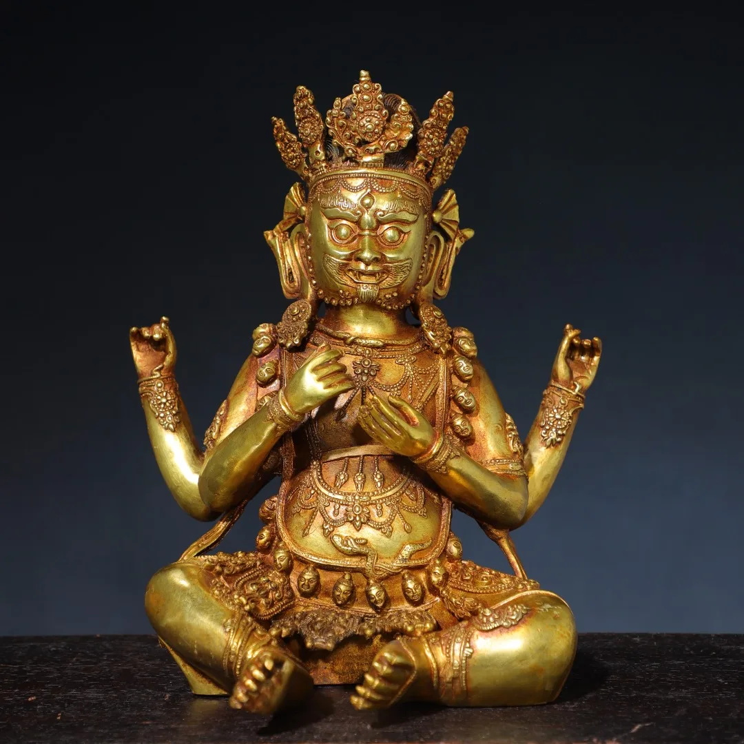 11"Tibetan Temple Collection Old Bronze Gilded Four arms Mahakala Sitting Buddha Tibetan God of Wealth Worship Hall Town house
11"Tibetan Temple Collection Old Bronze Gilded Four arms Mahakala Sitting Buddha Tibetan God of Wealth Worship Hall Town house