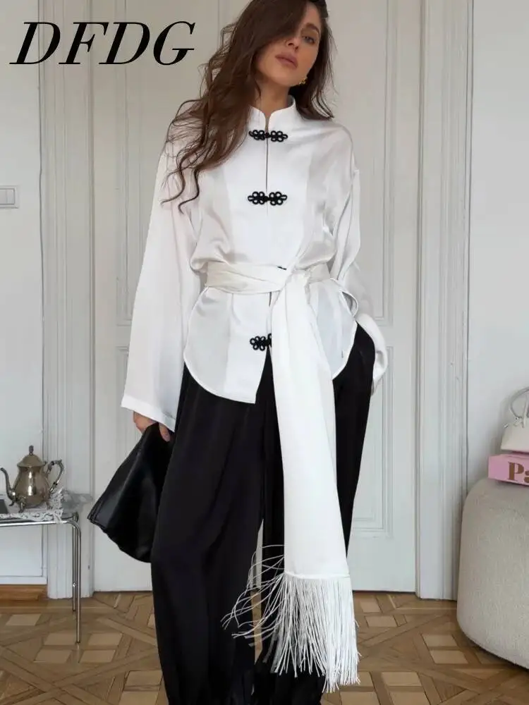 DFDG Women 2026 Spring Summer Chinese Style Satin Blouse Frog Button Stand Collar Belted Waist Elegant Casual Long Sleeve Tops
DFDG Women 2026 Spring Summer Chinese Style Satin Blouse Frog Button Stand Collar Belted Waist Elegant Casual Long Sleeve Tops