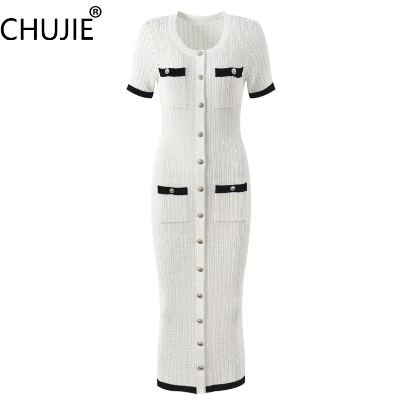CHUJIE French Elegant Single Breasted Midi Dress Round Neck Slim Fit Long Dress Office Chic SS25 with Belt
CHUJIE French Elegant Single Breasted Midi Dress Round Neck Slim Fit Long Dress Office Chic SS25 with Belt