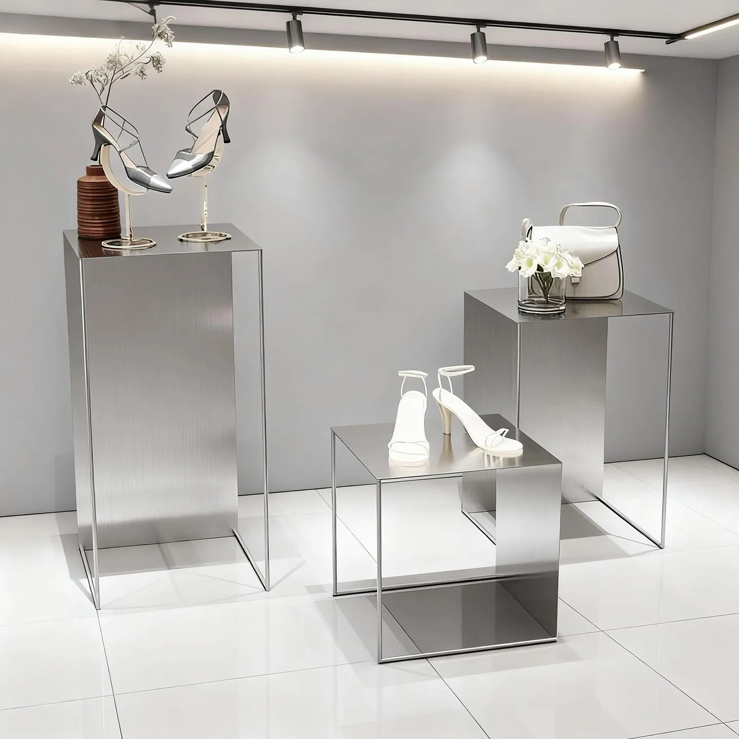 Clothing store display shelves stainless steel silver flowing water platform Zhongdao platform high and low table window decorat
Clothing store display shelves stainless steel silver flowing water platform Zhongdao platform high and low table window decorat