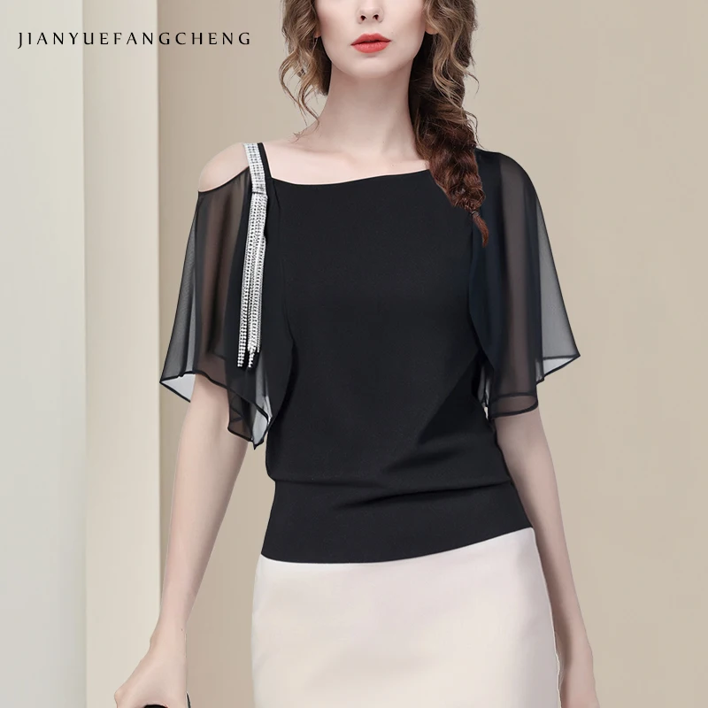 Womens Summer Off Shoulder Black Chiffon Top With Diamond-studded Strap,Short Sleeve Slim-fit Casual Pull-On Blouses
Womens Summer Off Shoulder Black Chiffon Top With Diamond-studded Strap,Short Sleeve Slim-fit Casual Pull-On Blouses