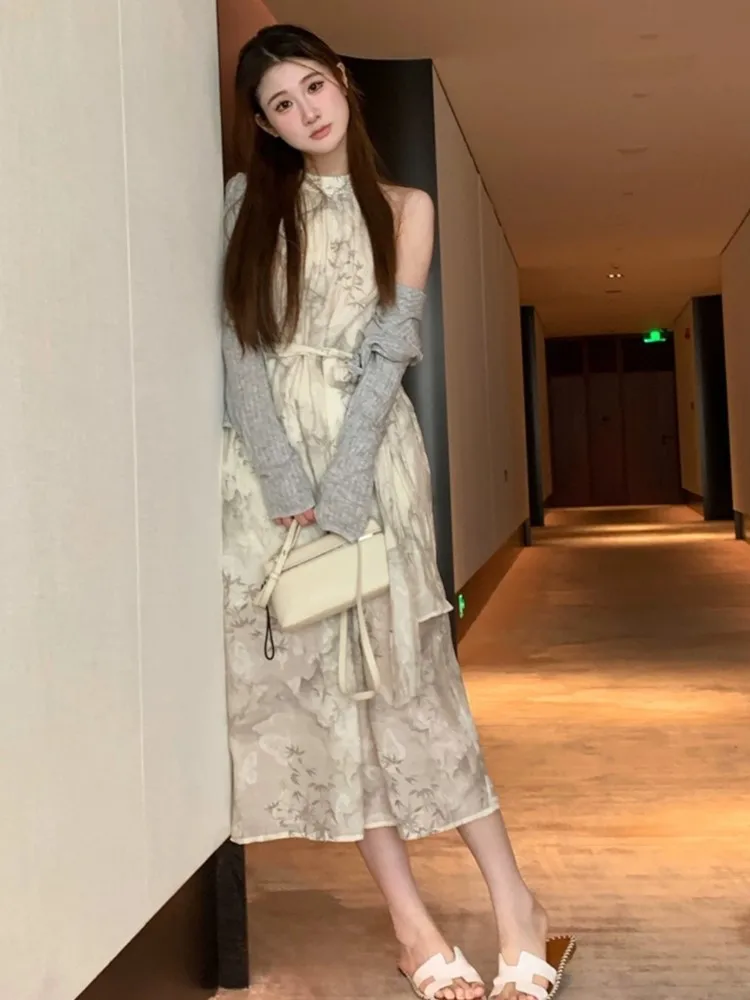 

Summer New Chinese Style Sleeveless Midi Dress Ink Design Sense Halter-neck Lace-Up Back Split Vestido Elegant Vacation Dress