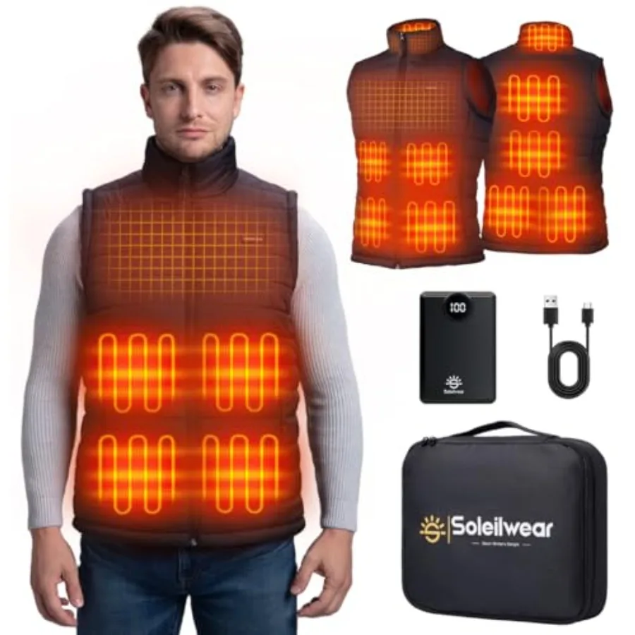 Мужской жилет с подогревом Soleilwear с аккумулятором 12000 мАч, 9 зон нагрева, легкий, перезаряжаемый, для кемпинга, катания на лыжах, велоспорта
Мужской жилет с подогревом Soleilwear с аккумулятором 12000 мАч, 9 зон нагрева, легкий, перезаряжаемый, для кемпинга, катания на лыжах, велоспорта