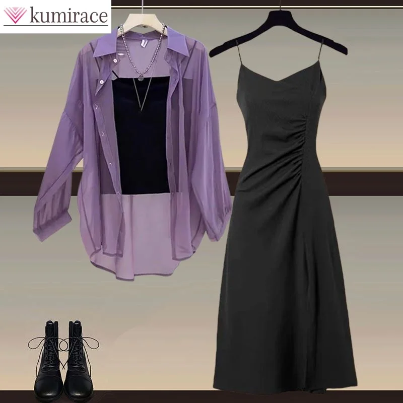 Korean Style Summer New Sunscreen Chiffon Shirt Camisole Vest Pleated Dress Three Piece Set Elegant Women's Skirt Set
Korean Style Summer New Sunscreen Chiffon Shirt Camisole Vest Pleated Dress Three Piece Set Elegant Women's Skirt Set